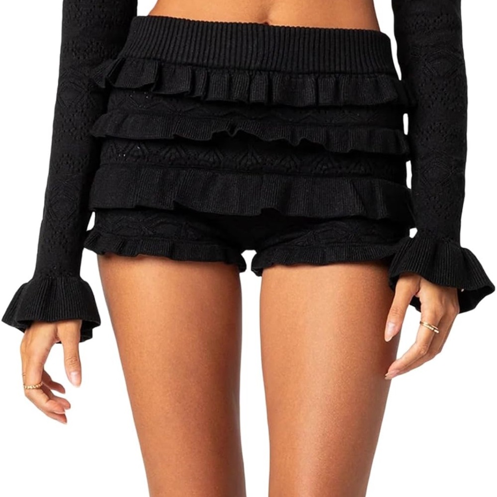 Black Ruffled Crochet  Knit Shorts